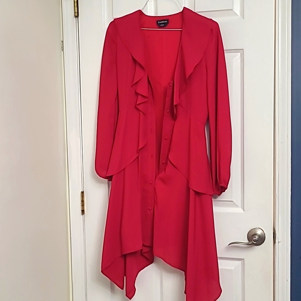 Bebe Red Ruffle Satin Trench Coat Size 4